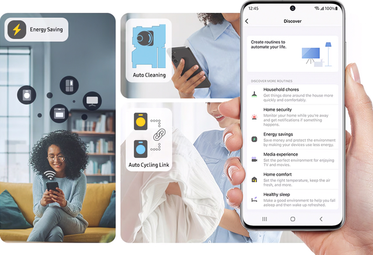 Απεικόνιση της εφαρμογής SmartThings και των λειτουργιών της σε κινητή συσκευή.